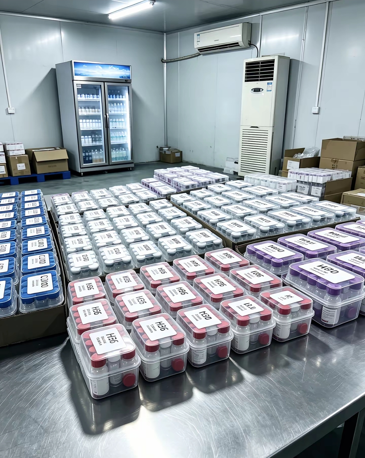 Assorted labelled containers and small vials arranged on a surface